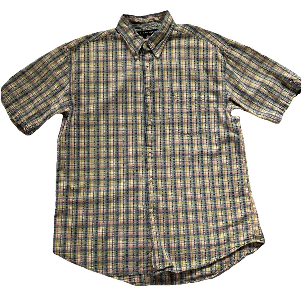 Tommy Hilfiger Shirt Mens Size XL Short Sleeve Casual Button Up Tan Seersucker